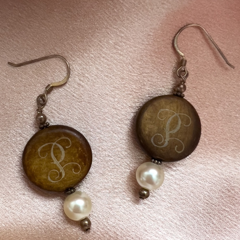 Wood/Pearl Initial Earrings “P”
